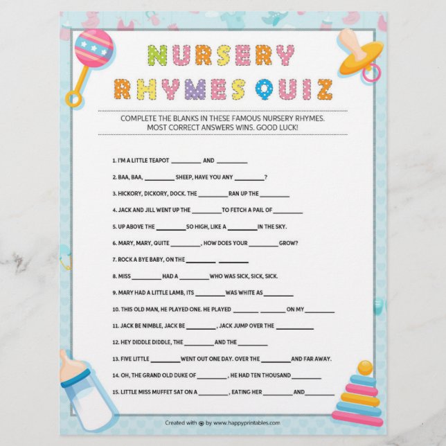 Nursery Rhymes Quiz [Baby Basics Blue] Letterhead (Front)