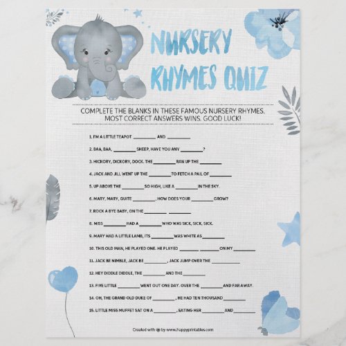 Nursery Rhymes Quiz Baby Elephant Blue Letterhead