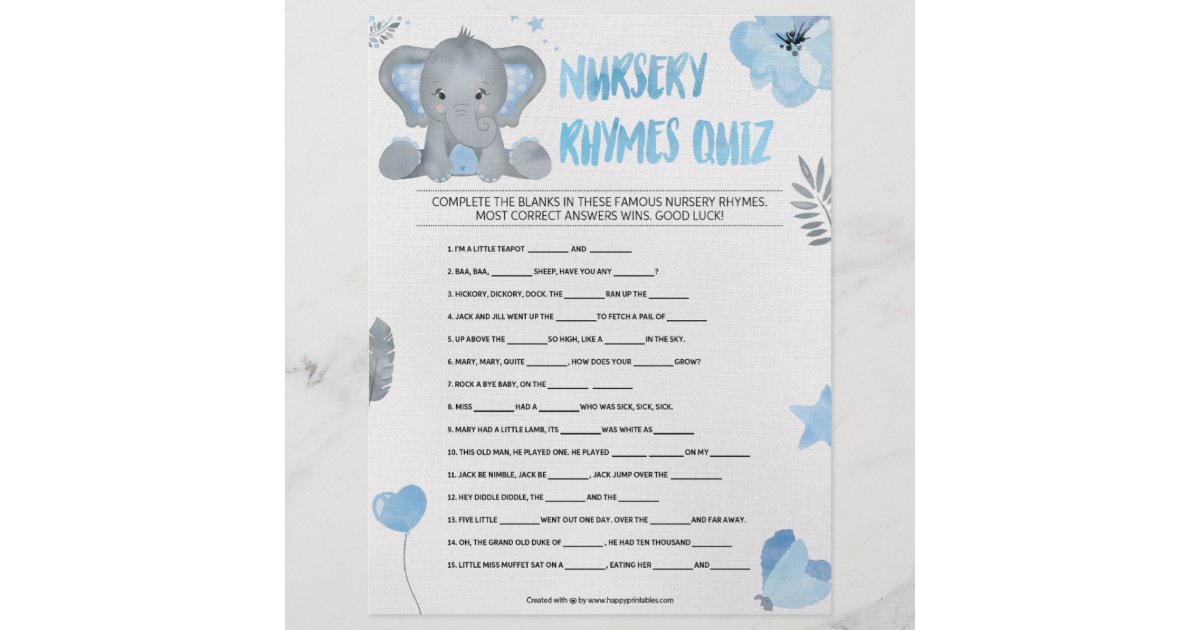 Nursery Rhymes Quiz [Baby Elephant [Blue]] Letterhead Zazzle