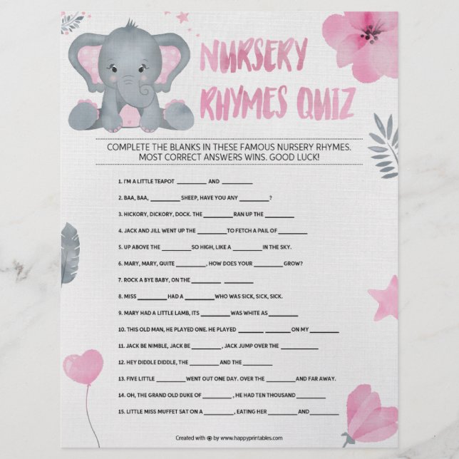 Nursery Rhymes Quiz [Baby Elephant [Pink]] Letterhead (Front)