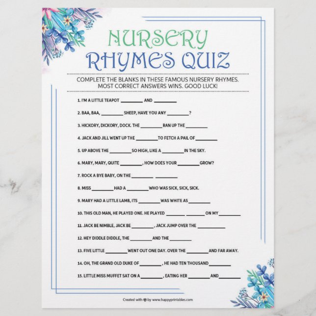Nursery Rhymes Quiz [Blue Floral] Letterhead (Front)