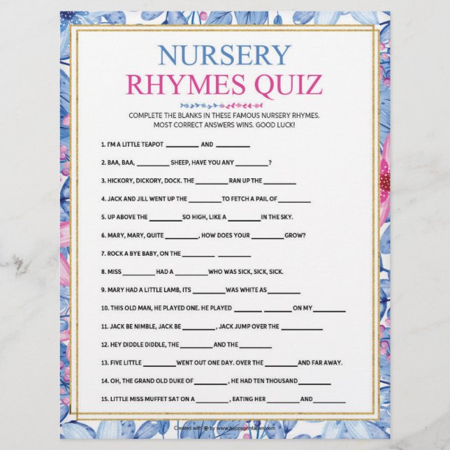 Nursery Rhymes Quiz [Floral Watercolors] Letterhead (Front)
