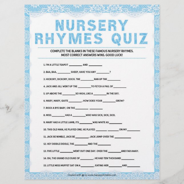 Nursery Rhymes Quiz [Luxury Lace [Blue]] Letterhead (Front)