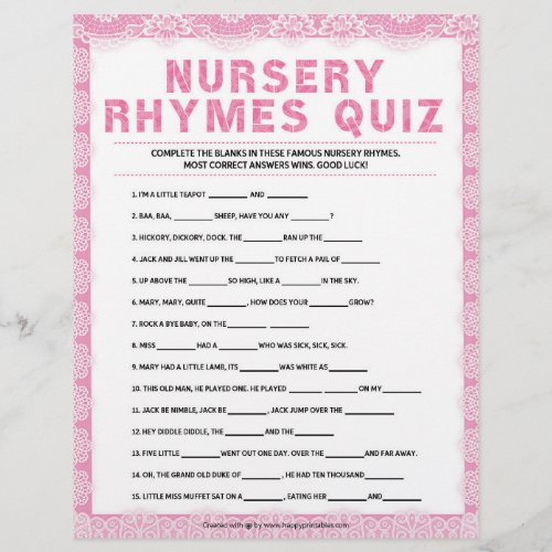 Nursery Rhymes Quiz Luxury Lace Pink  Letterhead