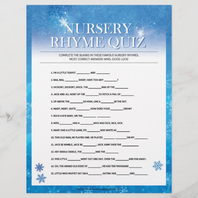 Nursery Rhymes Quiz [Snowy Blue] Letterhead (Front)