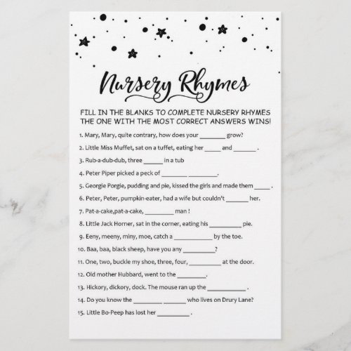 Nursery Rhymes with Answers Baby Shower Party Game