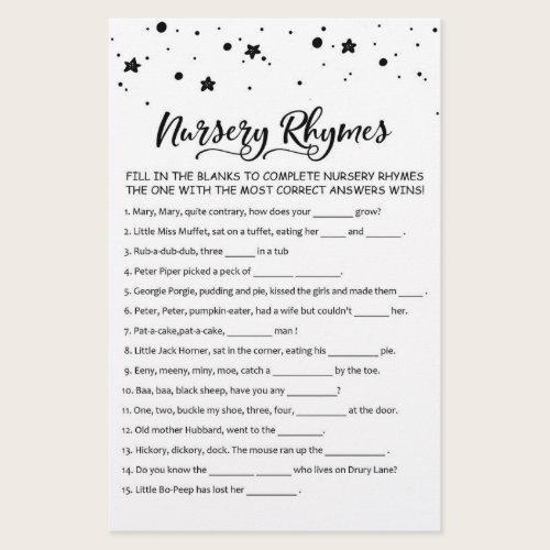 Nursery Rhymes with Answers Baby Shower Party Game Nursery Rhymes with Answers Baby Shower Party Game