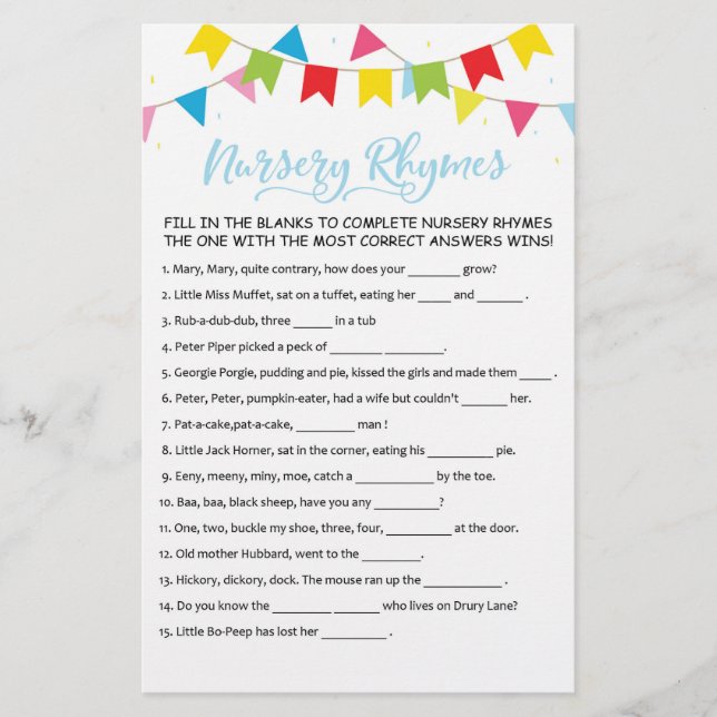 Nursery Rhymes with Answers Baby Shower Party Game (Front)