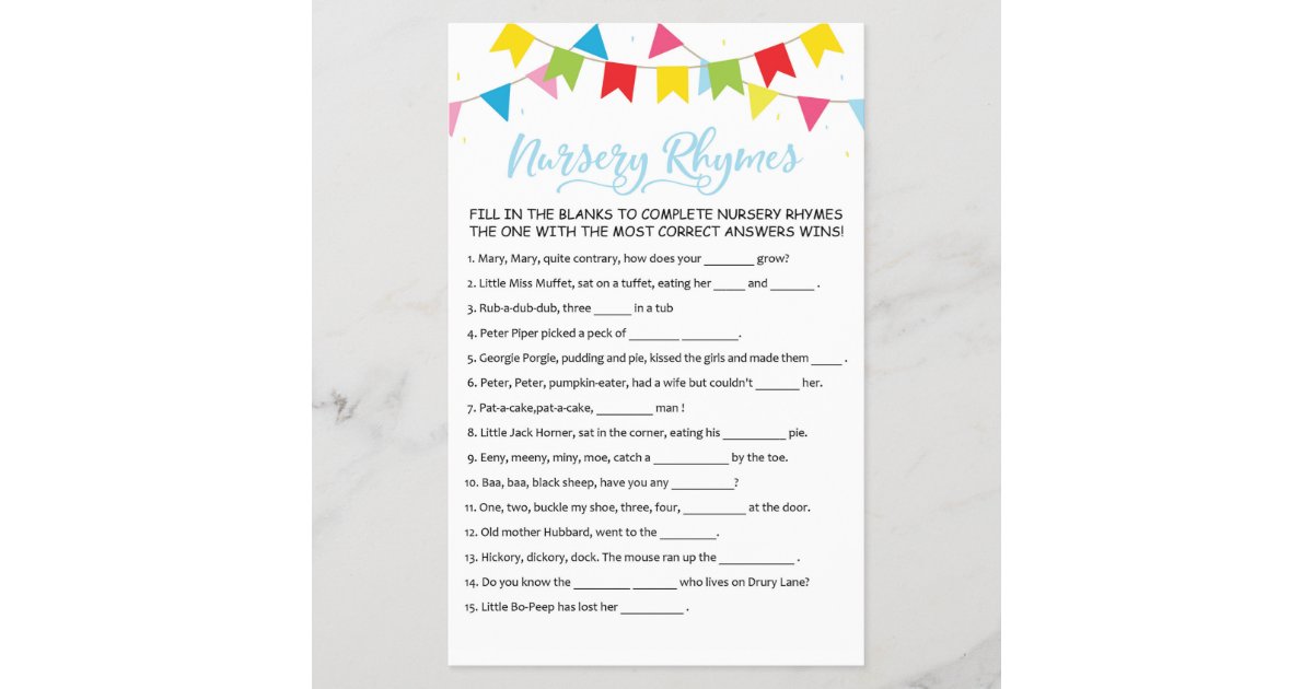 Nursery Rhymes with Answers Baby Shower Party Game | Zazzle.com