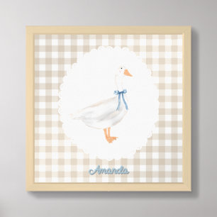 Nursery Room Goose Blue Bow Tan Gingham Framed Art