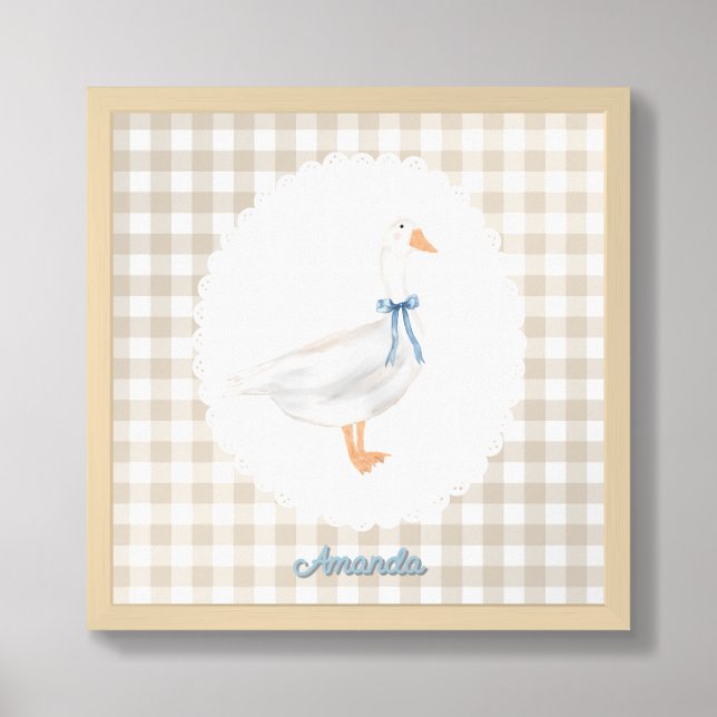 Nursery Room Goose Blue Bow Tan Gingham Framed Art (Framed Front)