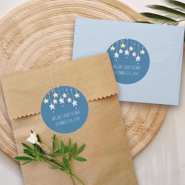 Nursery Stars Blue Personalized Baby Shower Classic Round Sticker (Blue Stickers from my Twinkle Twinkle baby shower collection)