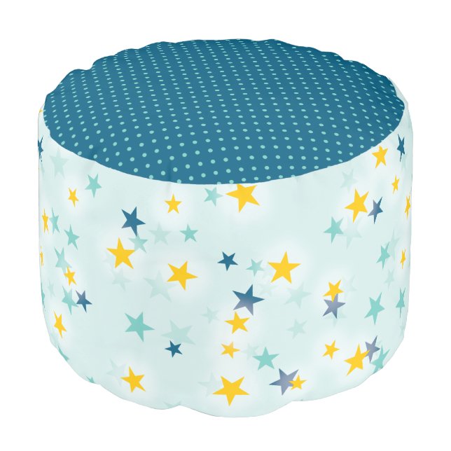 Nursery Teal & Yellow Polka Dot N' Stars Pouf (Angled Front)