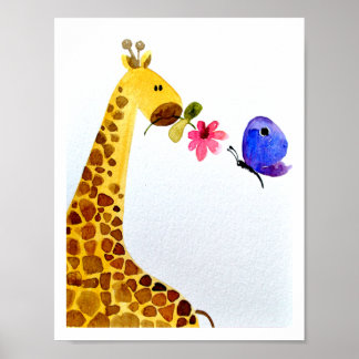 Nursery wall art_ Watercolor Giraffe & butterfly Poster