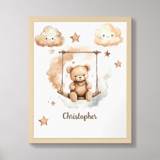 Nursery wall art with neutral brown teddy bear (Framed Front)