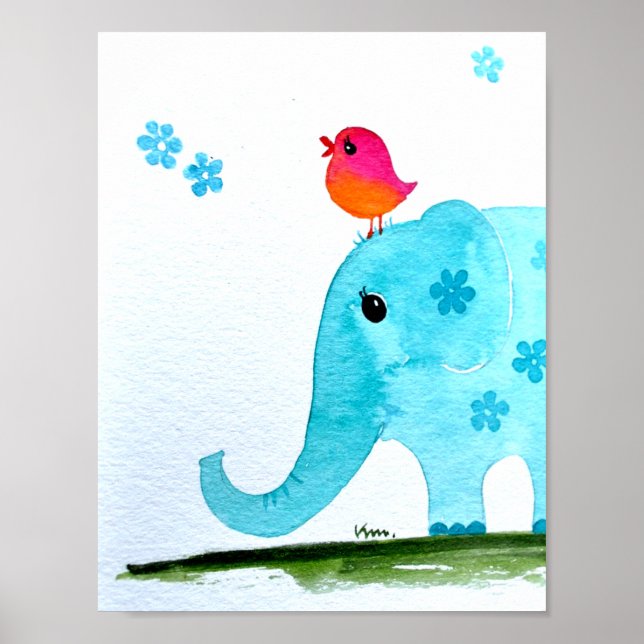 Nursery wallart_ watercolor Elephant and pink bird Poster (Front)