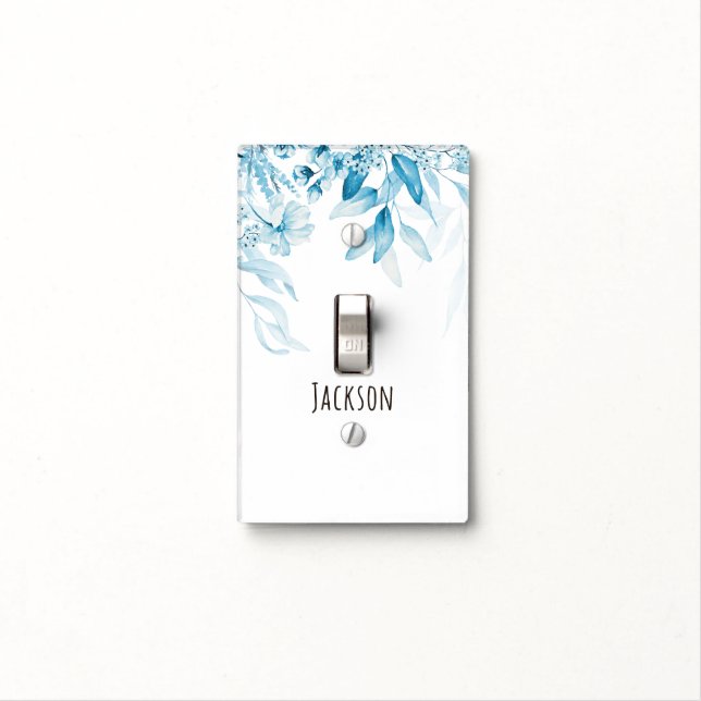 Nursery Watercolor Blue Floral Drop Light Switch Cover (In Situ)