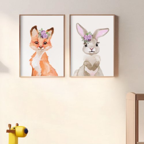 Nursery Watercolor Fox and Bunny Wall Art Sets