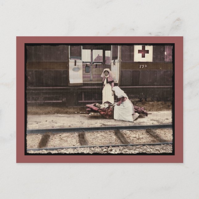 Nurses and Wounded at Train Station Postcard (Front)