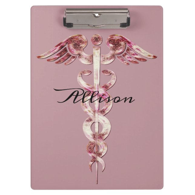 Nurse's Blush Rose Stylish Medical Caduceus Custom Clipboard (Front)