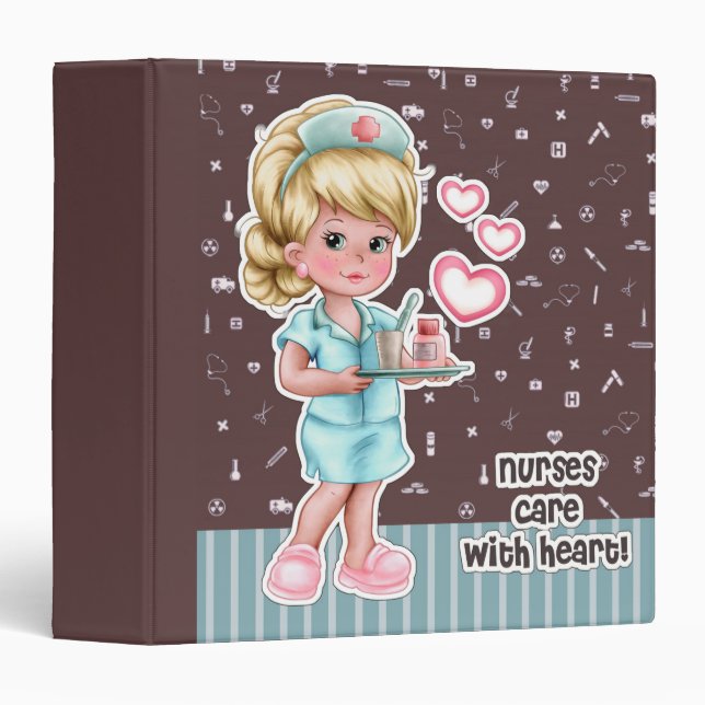 Nurses care with Heart. Cute Blond Nurse Gift  3 Ring Binder (Front/Spine)
