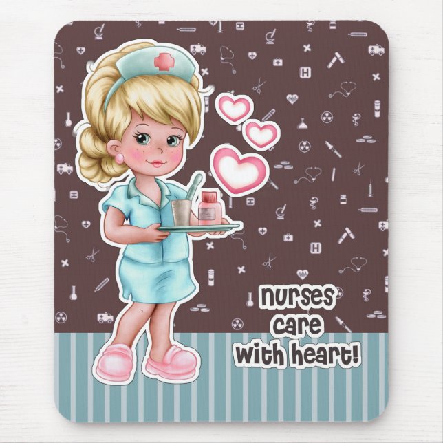 Nurses care with Heart. Cute Blond Nurse Mouse Pad (Front)
