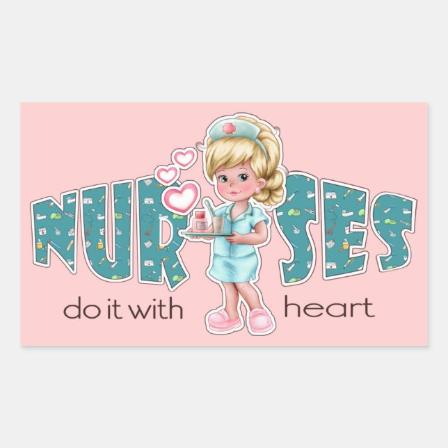 Nurses care with Heart.  Cute Blond Nurse Rectangular Sticker (Front)