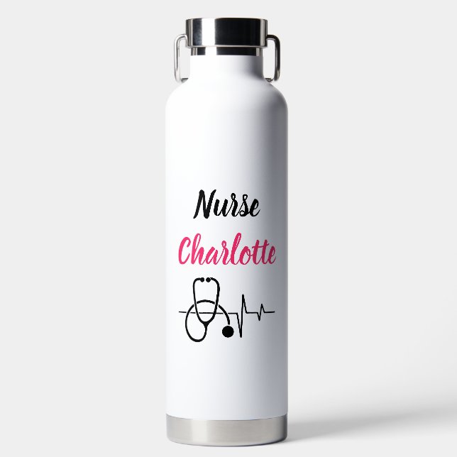 Nurses Custom Name Heartbeat Stethoscope  Water Bottle (Front)