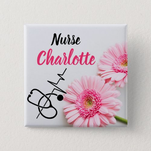 Nurses Custom Name Pink Daisy Floral  Button