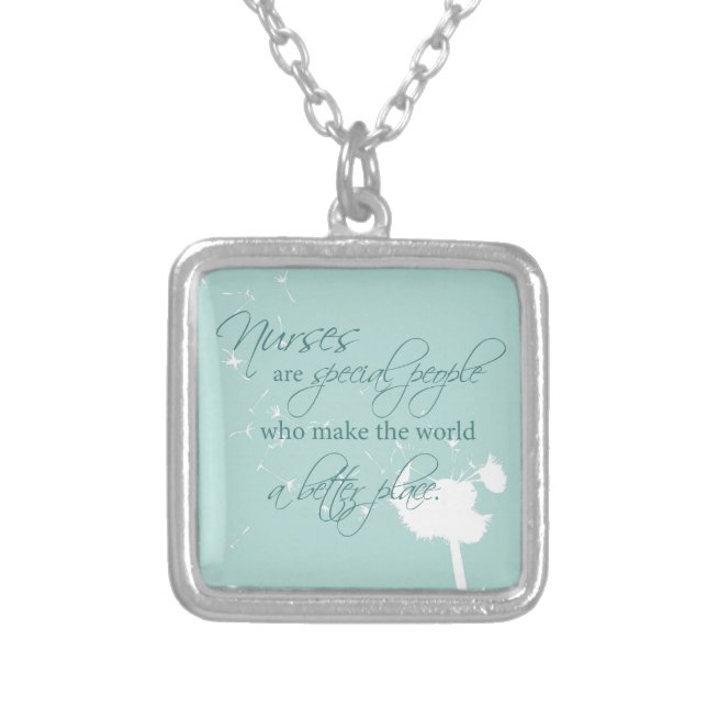 Nurses Day with Dandelion Blowing on Teal Silver Plated Necklace (Front)