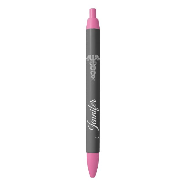 Nurse's Elegant Caduceus Medical Pink Grey Pen (Front Vertical)