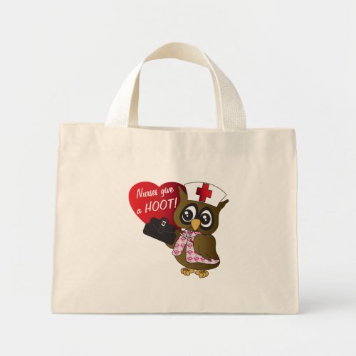 Nurses Give a Hoot Cartoon Owl Mini Tote Bag