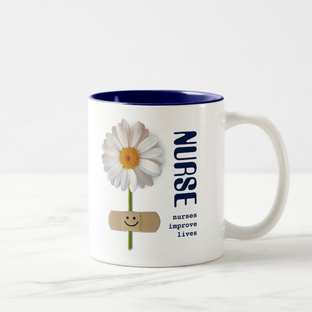 Nurses improve lives. Smiling Daisy Custom Name  Two-Tone Coffee Mug (Right)