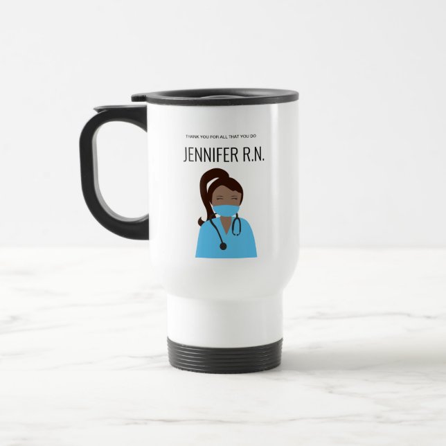 Nurse's Journey: Customizable Brunette Nurse Trave Travel Mug (Left)