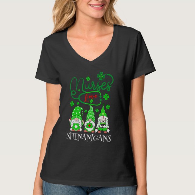 Nurses Love Shenanigans Funny Gnomes Nurse St Patr T-Shirt (Front)