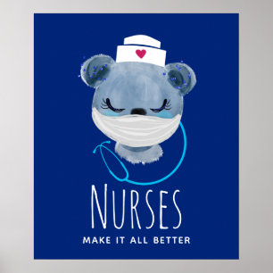 Nurses Make it all Better Masked Bear Illustration Poster