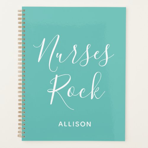 Nurses Medical Teal White Script Personalized Planner