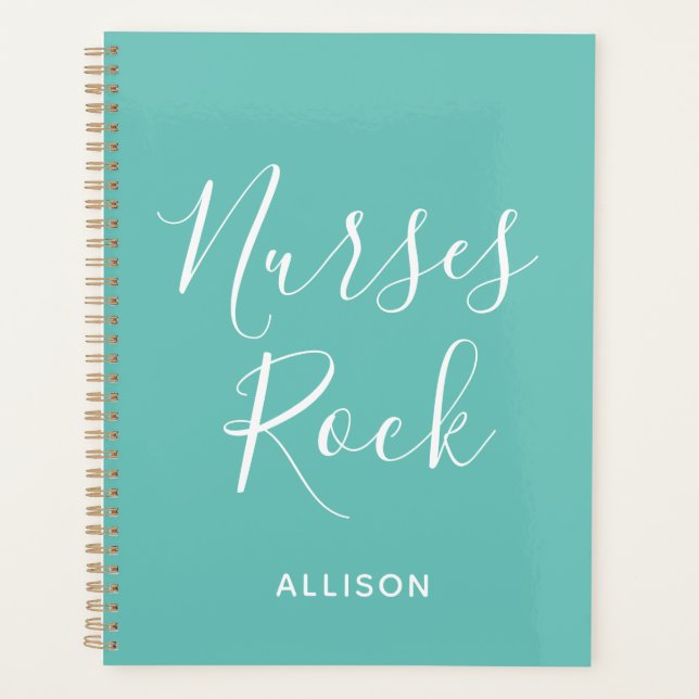 Nurses Medical Teal White Script Personalized Planner (Front)