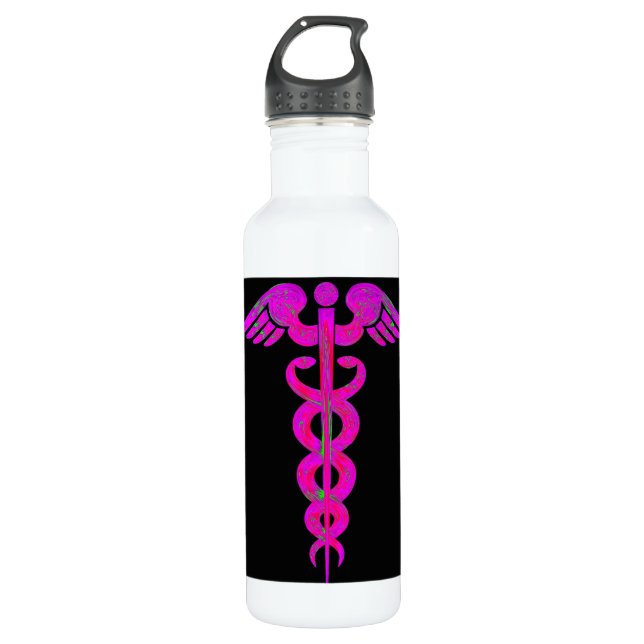 Nurse's Pink Caduceus Water Bottle (Front)