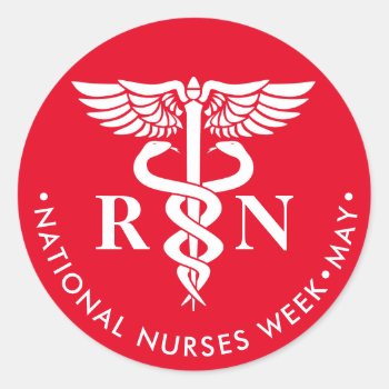 Nurses Week/day  White Caduceus Rn Classic Round Sticker by HolidayBug at Zazzle