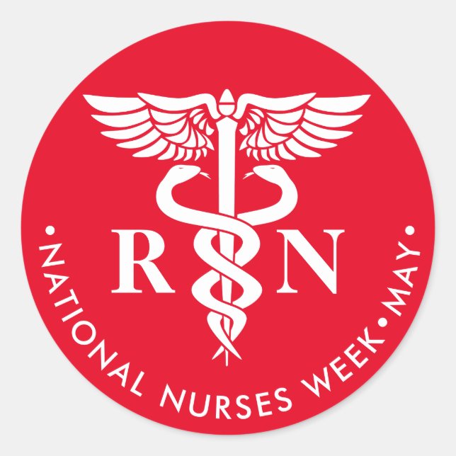 Nurses Week/Day, white caduceus RN Classic Round Sticker (Front)