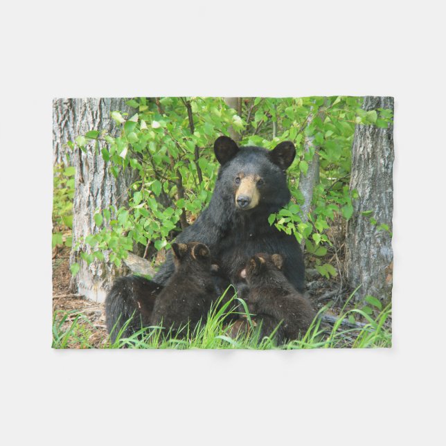 Nursing Black Bear and Twin Cubs Fleece Blanket (Front (Horizontal))