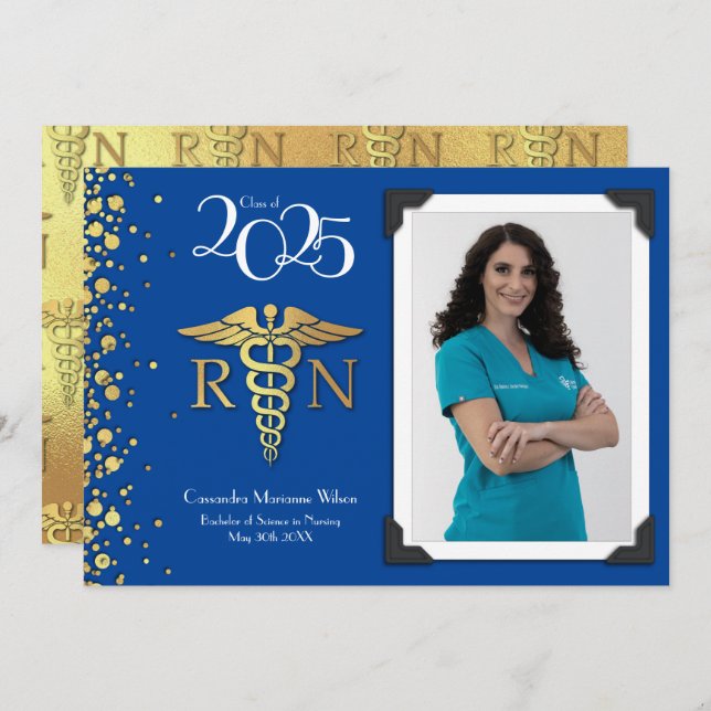 Nursing Gold Graduation Announcement Blue (Front/Back)