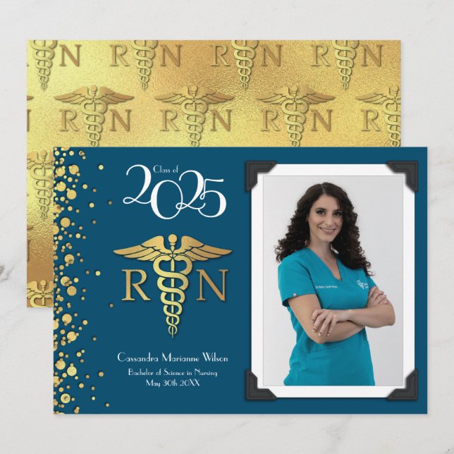 Nursing Gold Graduation Announcement Navy Blue (Front/Back)