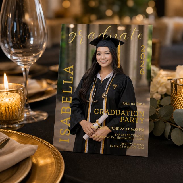 Nursing Graduate Photo Party Invitation (Modern black and gold nursing graduation party design with a clean photo layout that feels elegant)