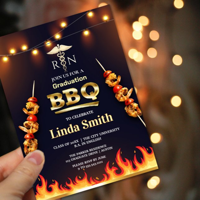 Nursing Graduation BBQ Invitation | RN Symbol  (Nursing Graduation BBQ Invitation | RN Symbol & Flame Design #zazzlemade #bbqinvitation#rninvitation)
