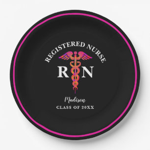 Nursing Graduation Black Hot Pink Party Monogram Paper Plates