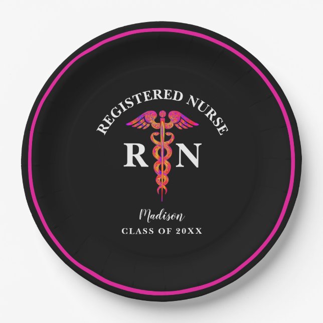 Nursing Graduation Black Hot Pink Party Monogram Paper Plates (Front)