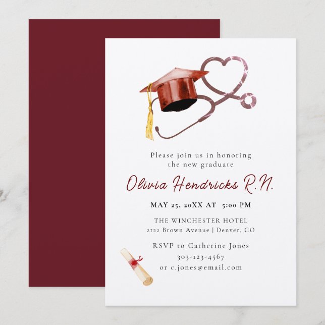 Nursing Graduation Cap and Stethoscope Invitation (Front/Back)