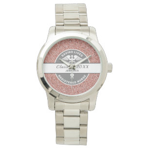 Nursing Graduation RN Pink Glitter Custom Monogram Watch
